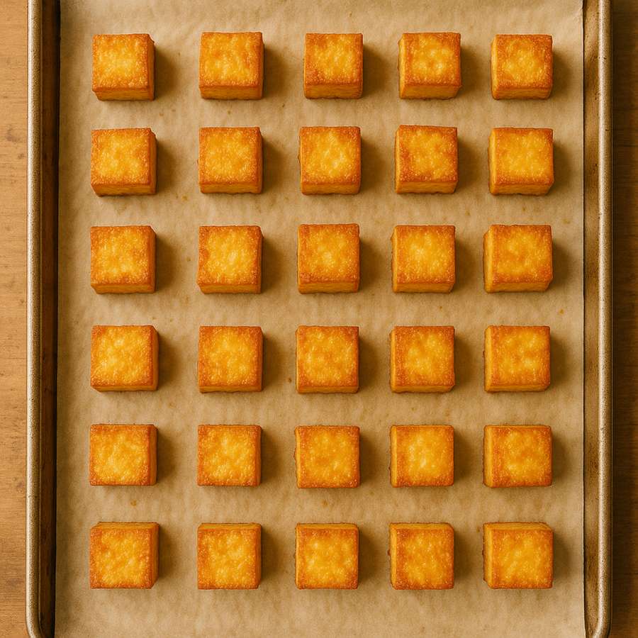 Golden baked tofu cubes on a sheet pan.