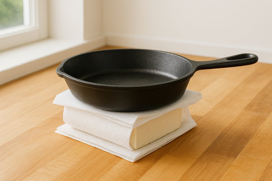 Crispy tofu cubes frying in a pan.