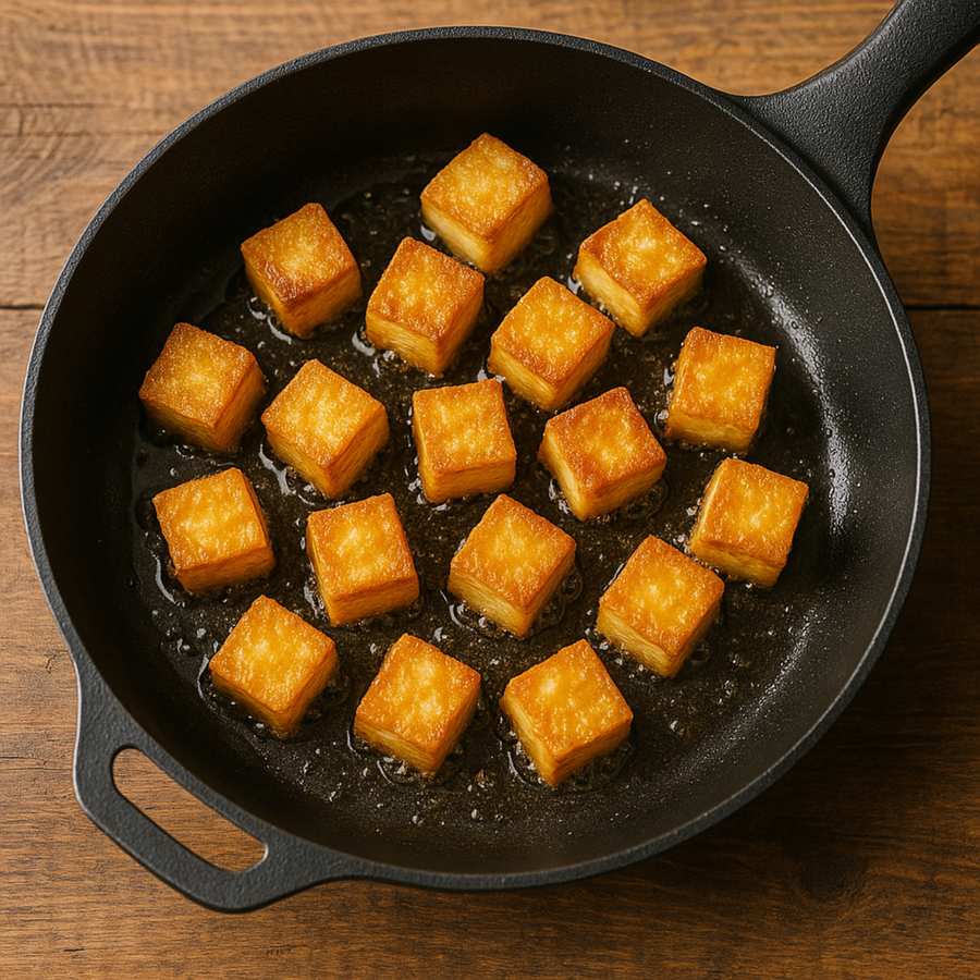 Crispy tofu cubes frying in a pan
