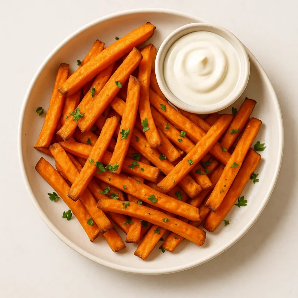 Gotowe frytki z batatów podane z sosem.