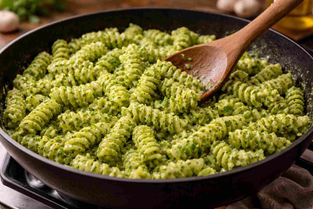Tossing pasta with green goddess pasta sauce in skillet