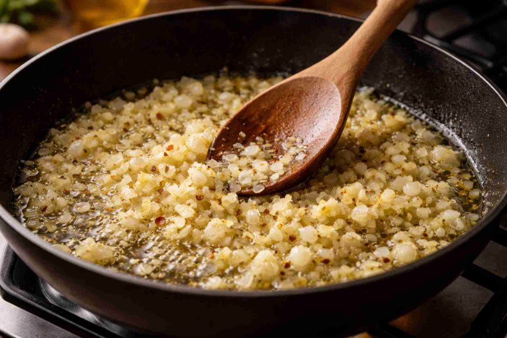 Sauteing garlic and onion in skillet for green goddess pasta recipe