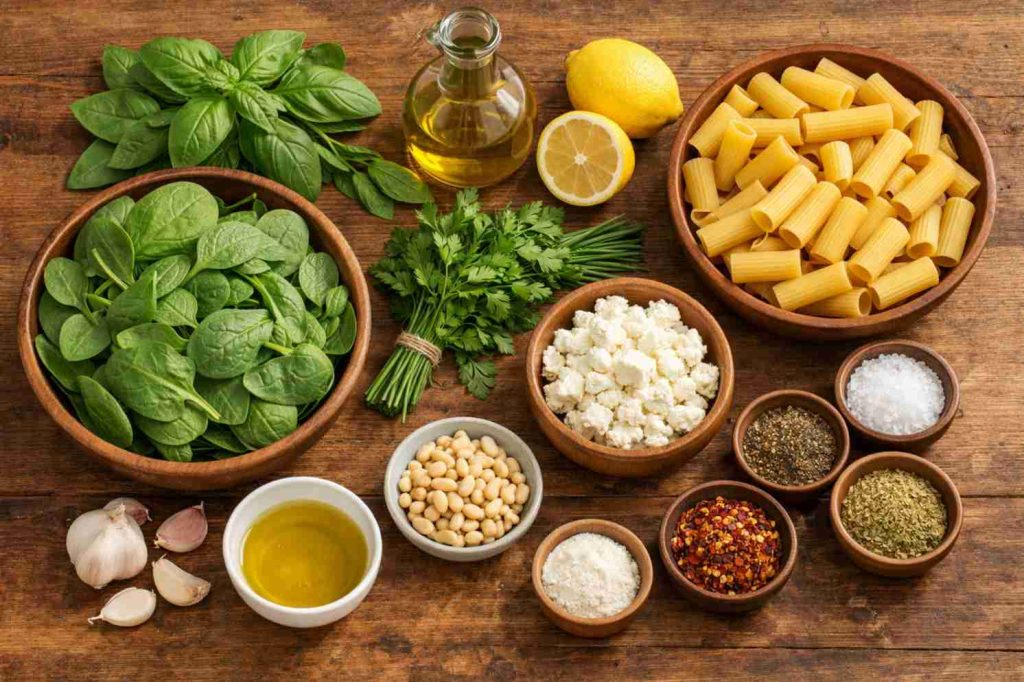 Ingredients for green goddess pasta recipe including spinach basil herbs feta and pasta