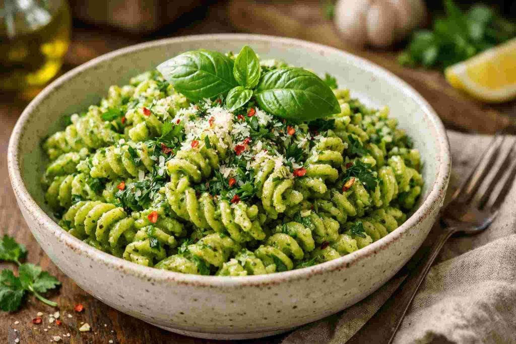 Green goddess pasta recipe served in a bowl with creamy herb sauce and fresh basil