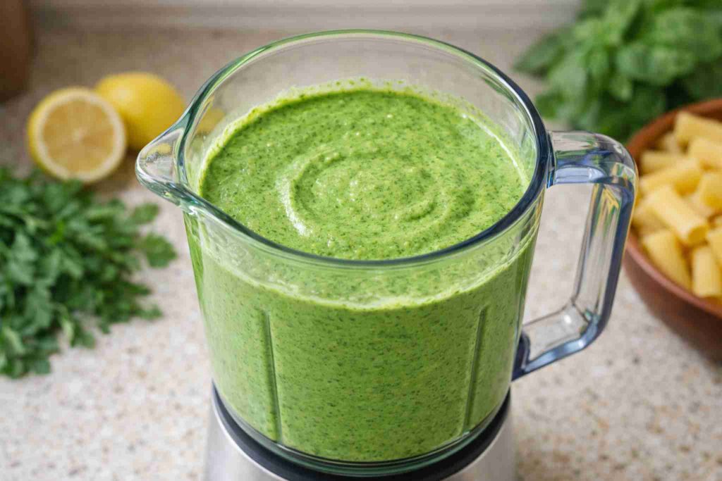 Blending creamy green goddess pasta sauce made from herbs spinach and feta