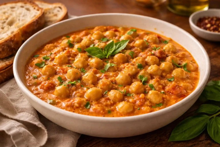 Finished marry me chickpeas with coconut milk served creamy and garnished with fresh basil