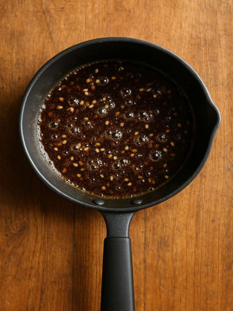 Garlic sesame sauce simmering in a pan.