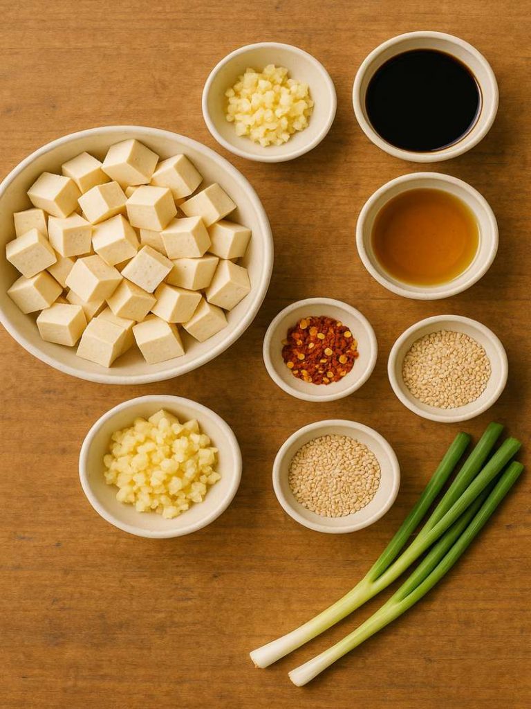Ingredients for garlic sesame tofu arranged on a table.