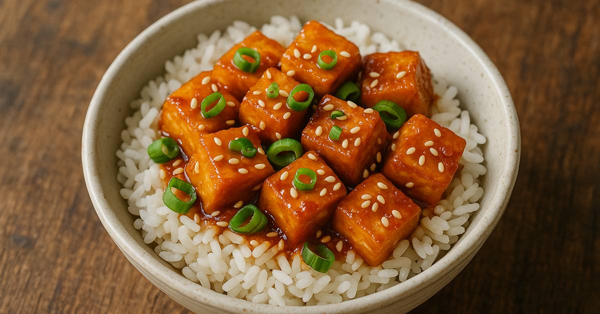 Crispy garlic sesame tofu served with rice and green onions.