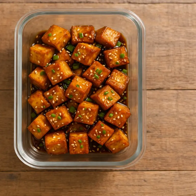 Top view of glazed tofu cubes with sesame seeds and green onions in a glass container on a wooden table