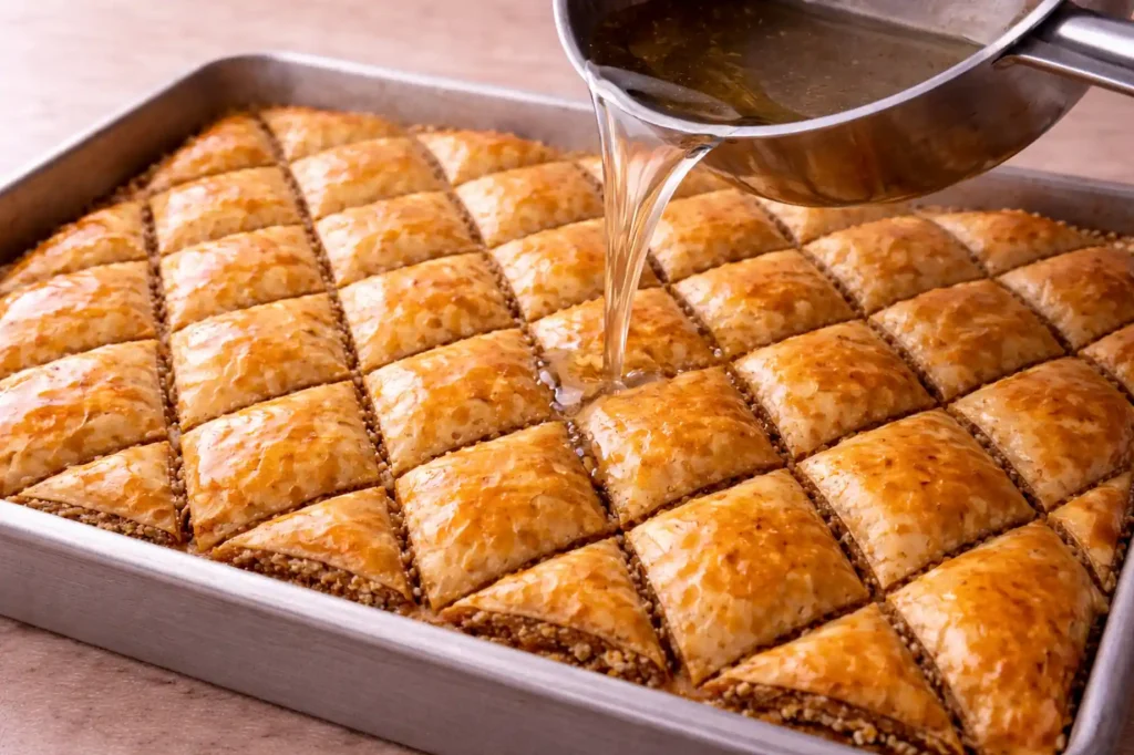 Sugar syrup poured over hot baklava