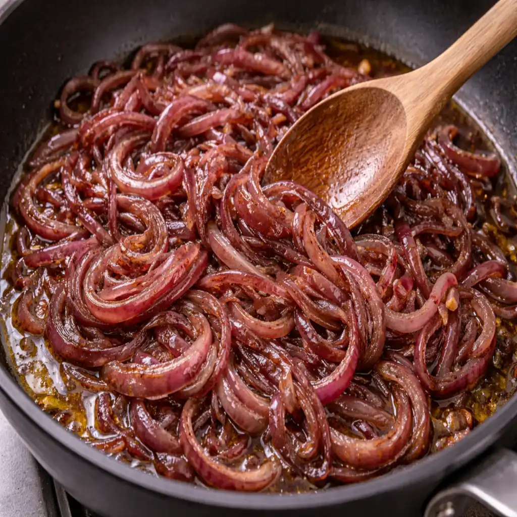 Onions cooking slowly in olive oil for Palestinian musakhan