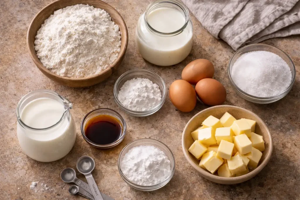 cushion pie ingredients laid out for crust and custard filling