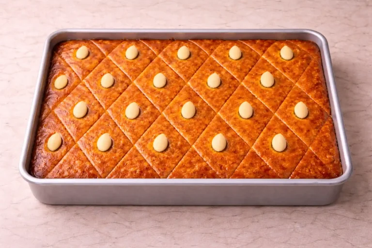 Arabic dessert harissa cut into diamonds and soaked with syrup