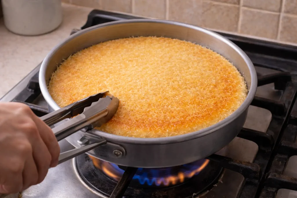 Cooking knafeh naameh on stovetop while rotating pan