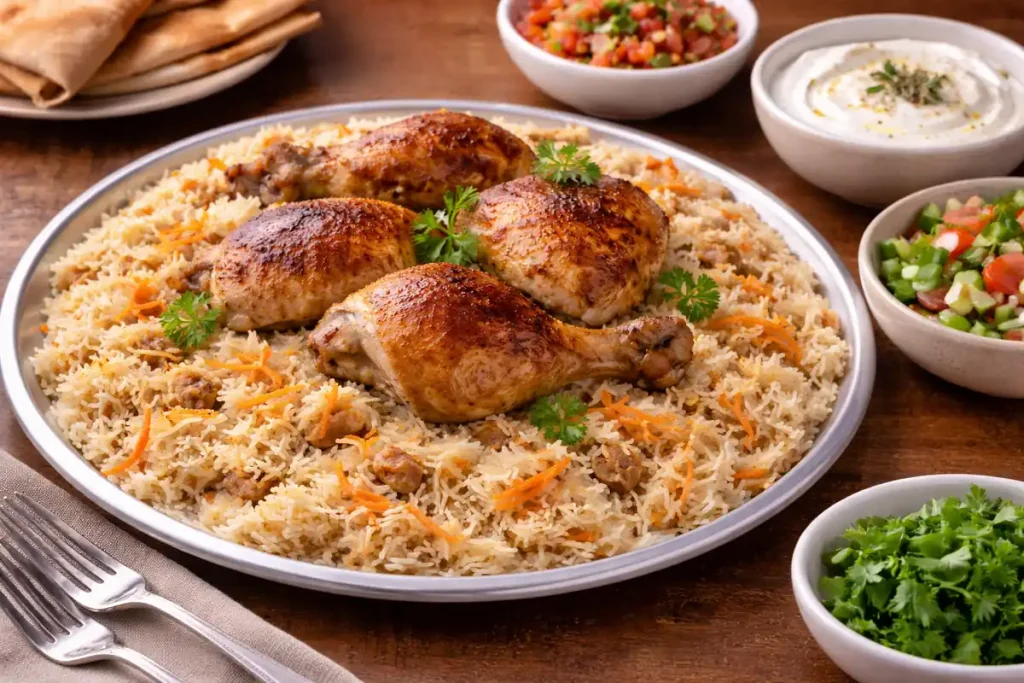 Traditional serving of Bukhari rice with duggus and yogurt