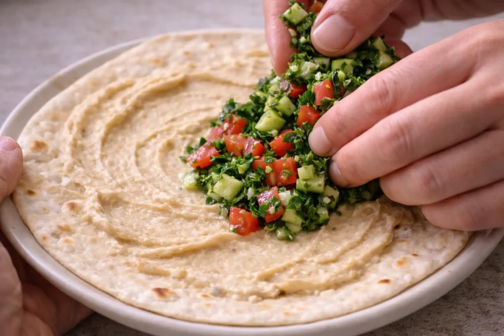 Hummus spread on tortilla with fresh salad for middle eastern tacos