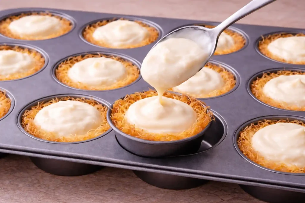 Filling knafeh cups with cream