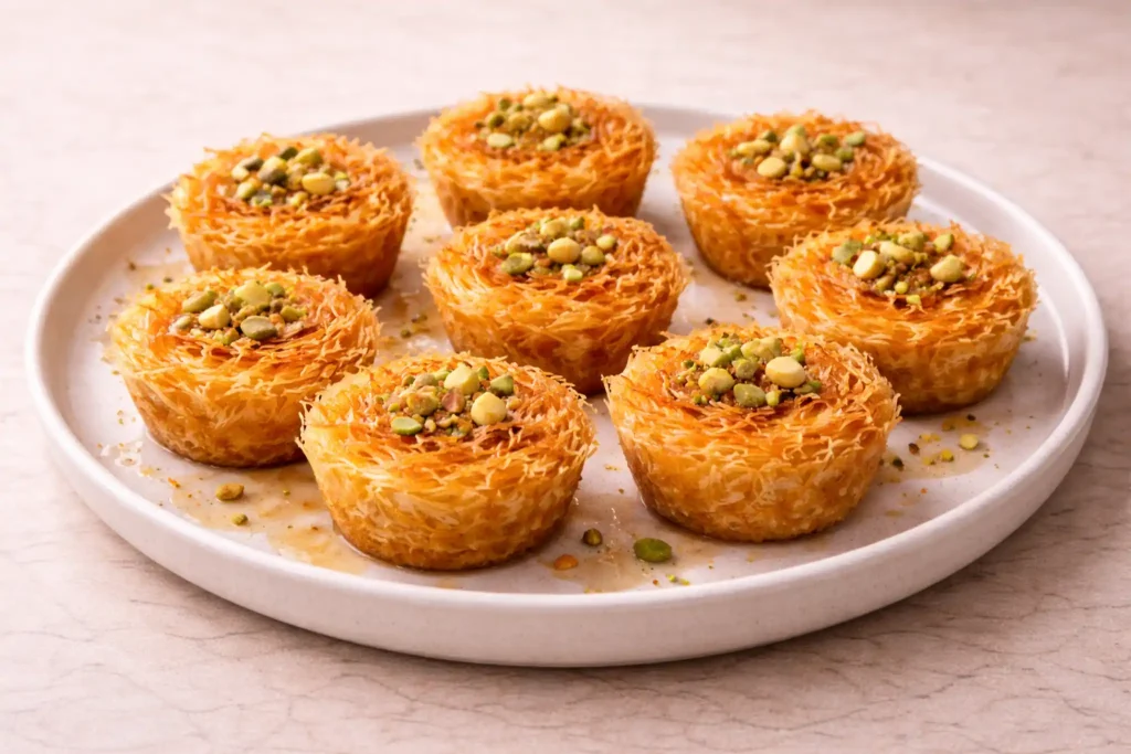 Knafeh cups with crisp shredded phyllo and light syrup drizzle