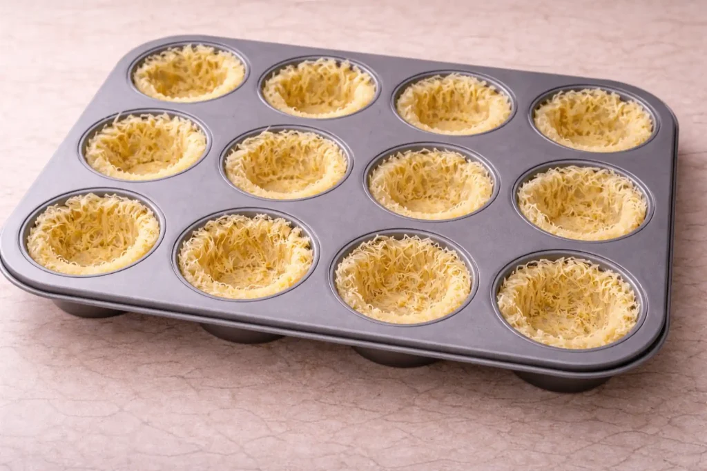 Knafeh dough pressed into muffin pan to form cups