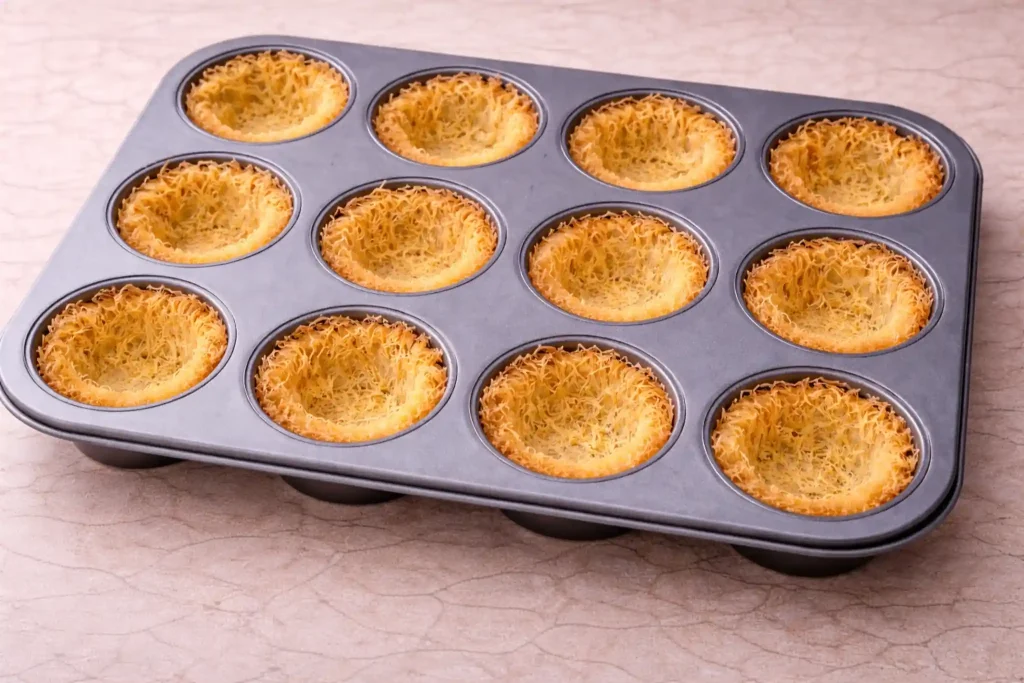 Baked knafeh cups before filling or syrup