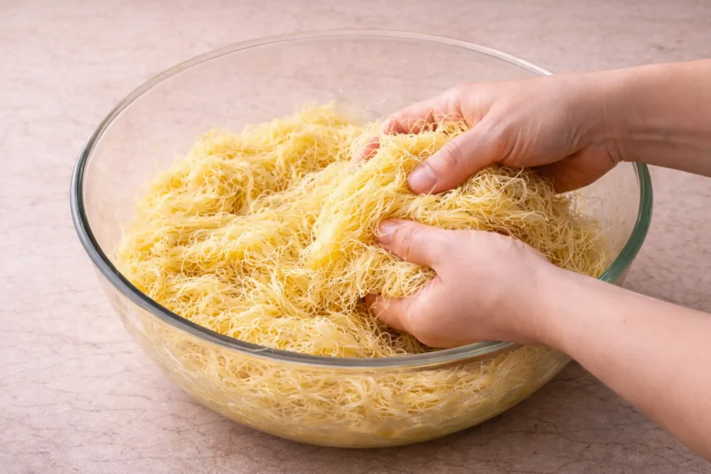 Buttered shredded knafeh dough ready for shaping