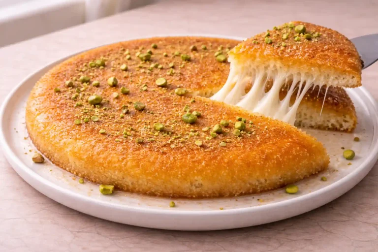 Knafeh naameh with smooth golden crust and melted cheese served warm