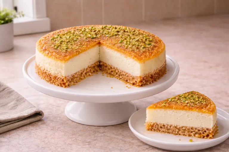 Knafeh cheesecake with crisp kataifi base and creamy cheesecake layer
