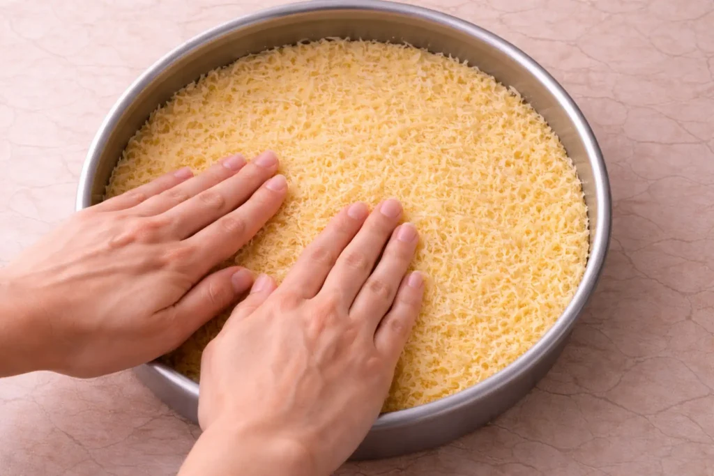 Pressing knafeh naameh crust evenly into pan