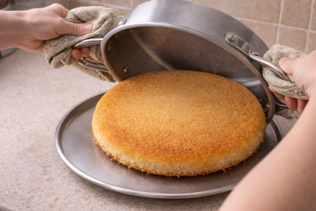Flipping knafeh naameh onto serving platter