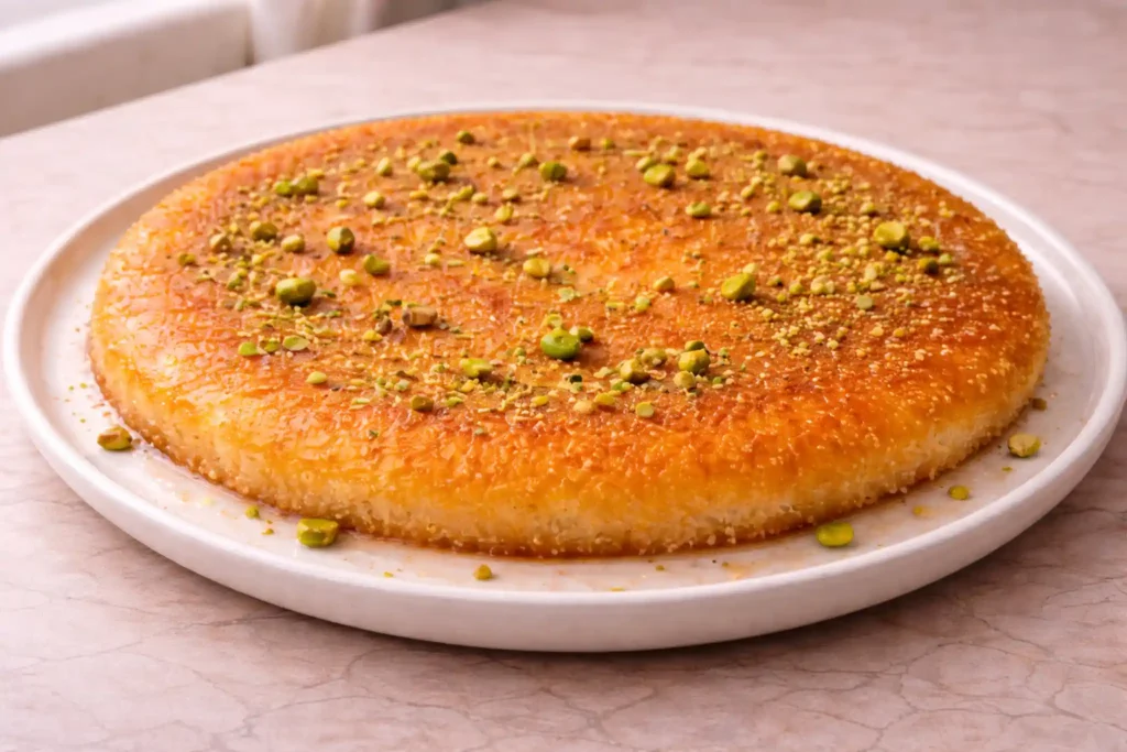Close-up of fine smooth knafeh naameh crust texture