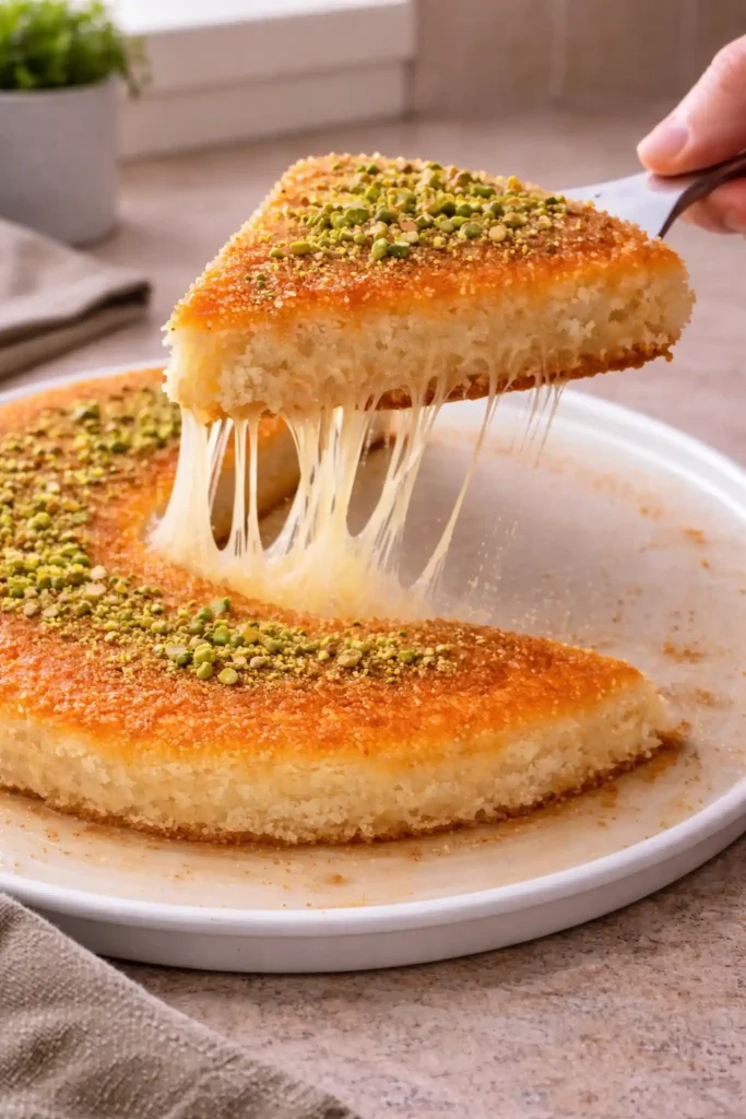 Cheese pull from warm knafeh naameh slice