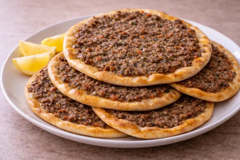 Home-style lahm bi ajin with thin dough and baked meat topping