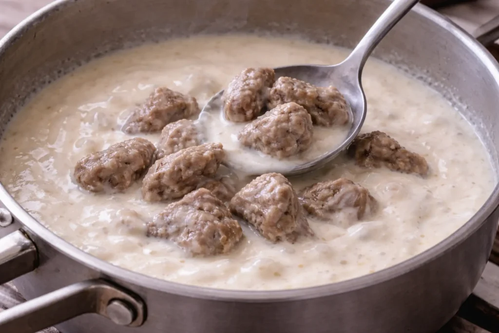 Yogurt sauce being gently heated without boiling to prevent splitting