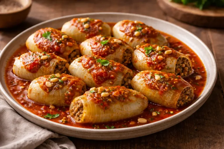 Middle Eastern stuffed onions in tomato sauce