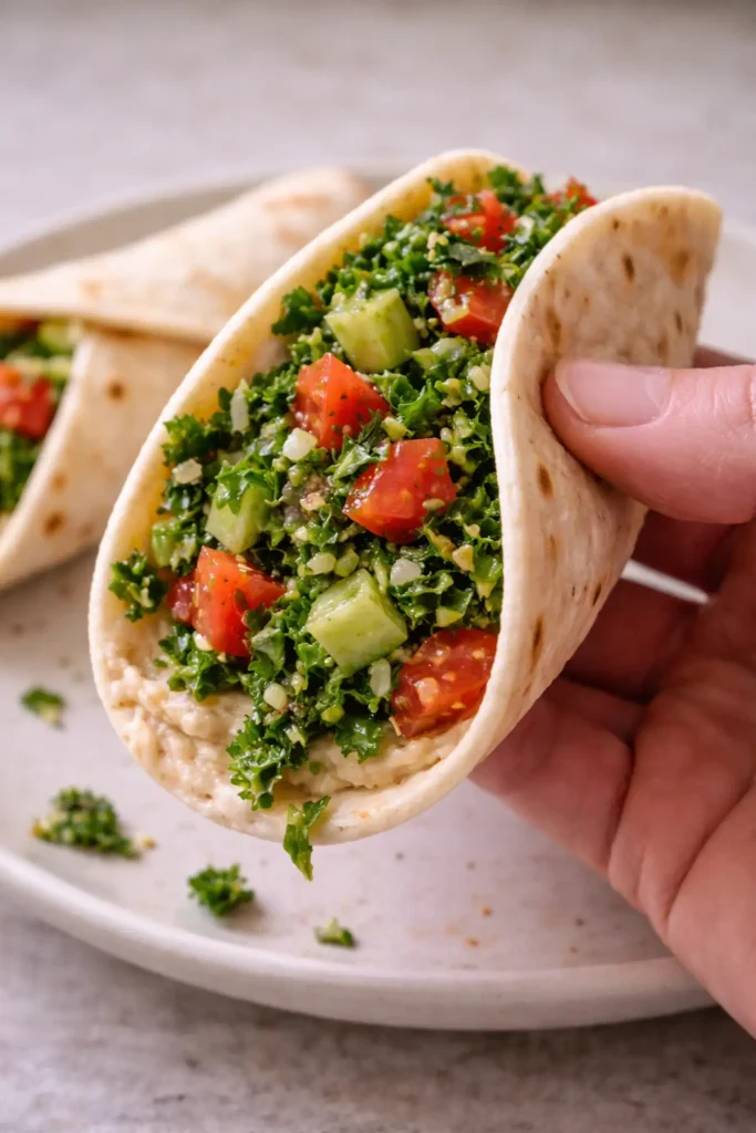 Hand holding a freshly made middle eastern taco with salad and hummus
