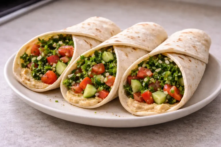 Middle eastern tacos filled with fresh salad and hummus in soft tortillas