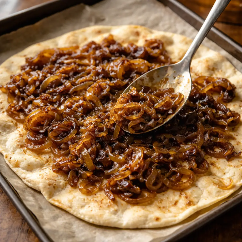 Assembling Palestinian musakhan recipe on flatbread
