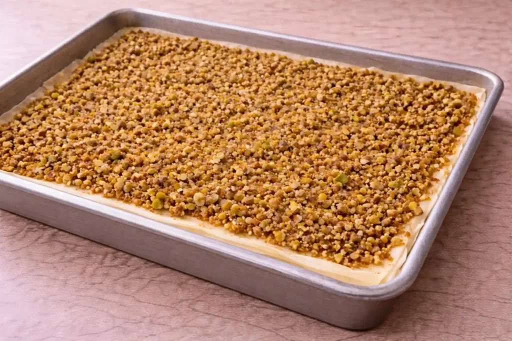 Nut filling spread evenly over phyllo dough