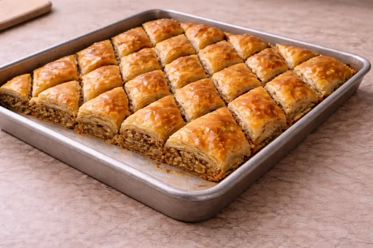 Home-style Palestinian baklava cut into diamond pieces in a baking tray