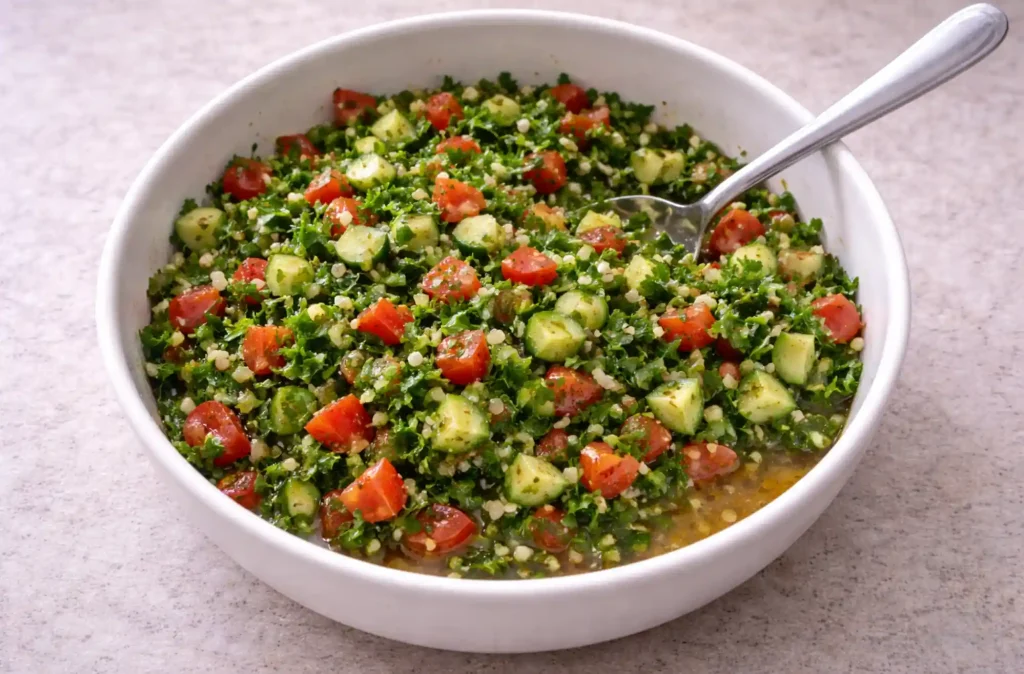 Fresh parsley salad mixed with lemon and olive oil for middle eastern tacos