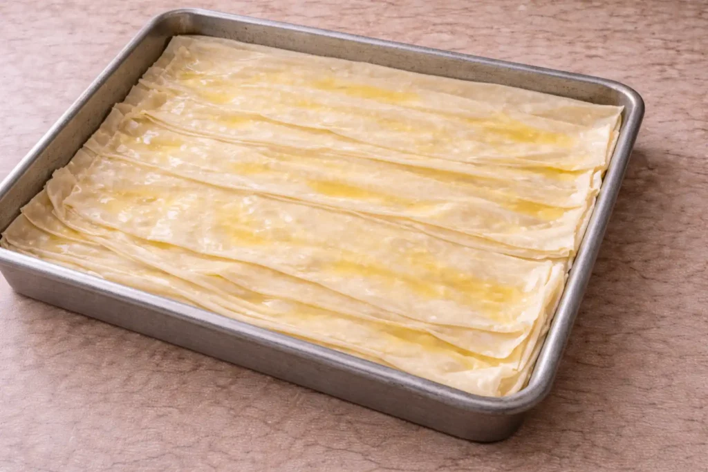 Phyllo dough layers brushed with butter in a baking tray
