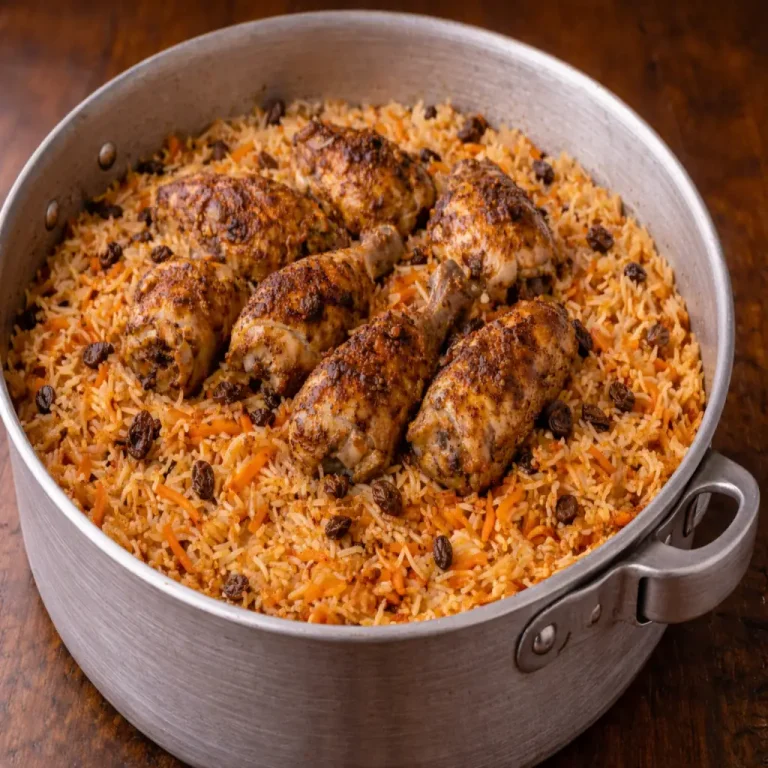 ruz bukhari with chicken cooked in a wide aluminum pot