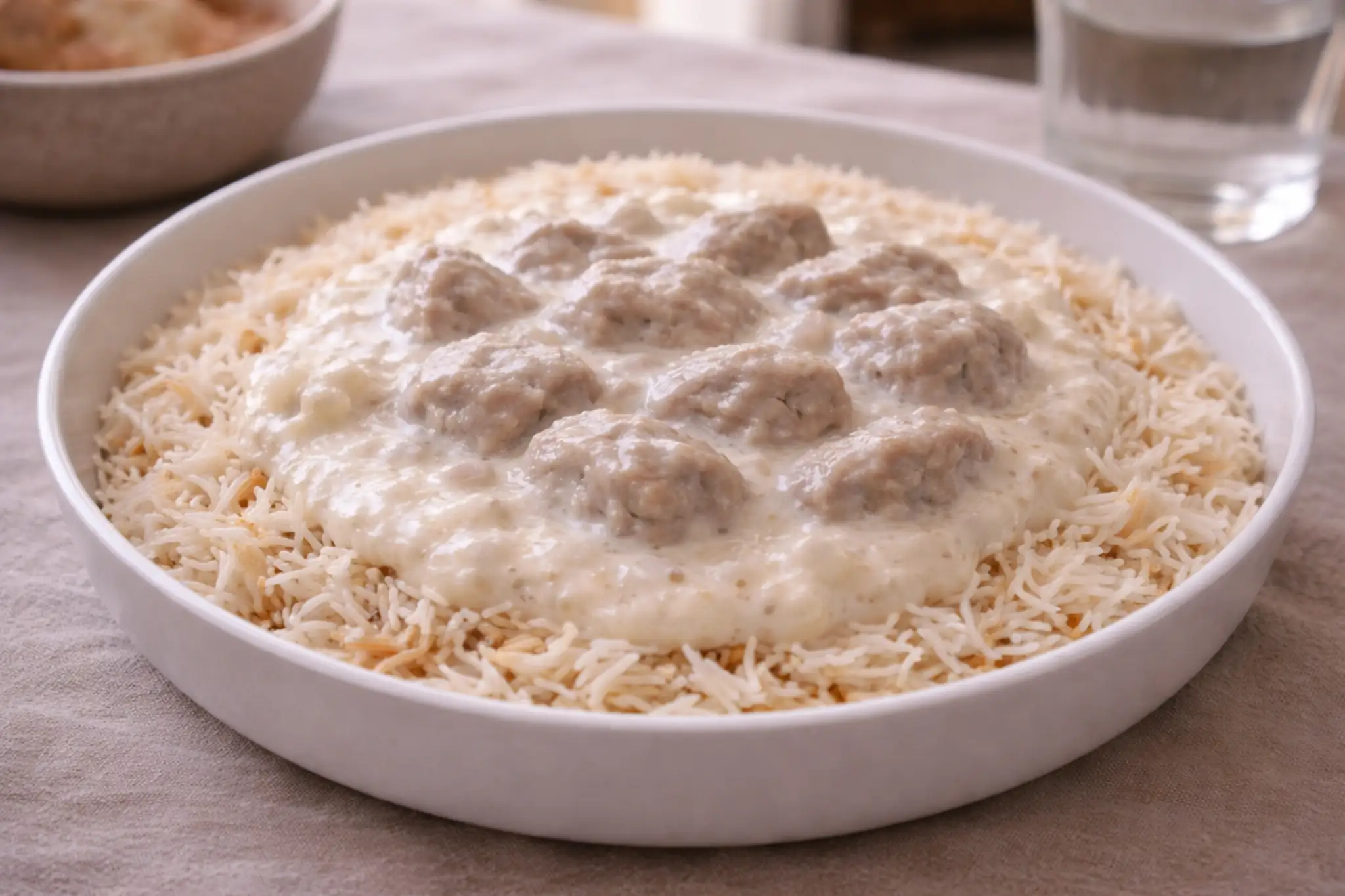 Authentic Syrian shakriyeh with lamb cooked in smooth yogurt sauce served over rice