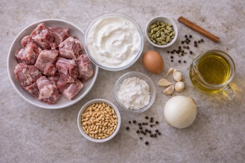 Ingredients for authentic shakriyeh including lamb, yogurt, spices, and garlic