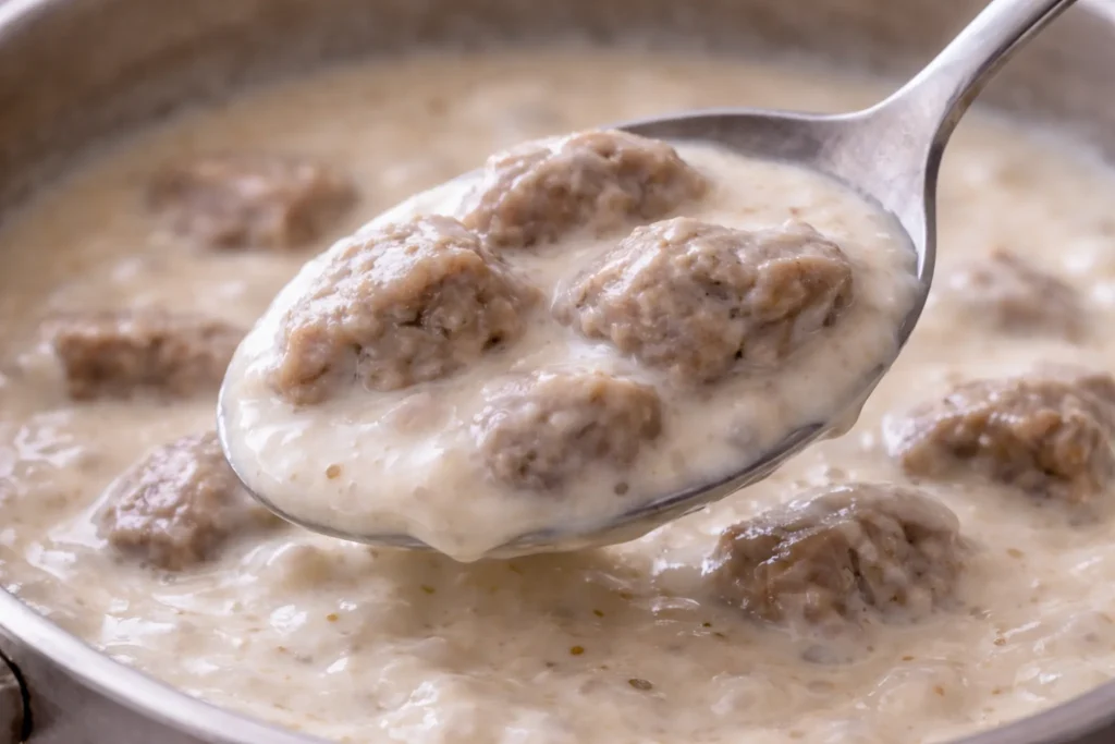 Smooth yogurt sauce texture of shakriyeh coating lamb evenly