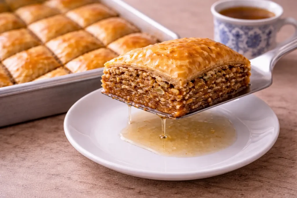 Piece of Palestinian baklava showing layered interior