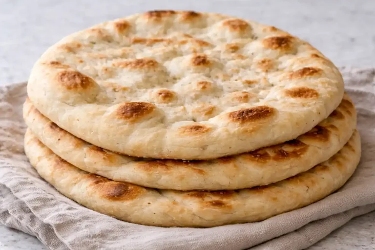 Freshly baked Palestinian taboon bread stacked on a linen cloth with golden blisters and soft flatbread texture