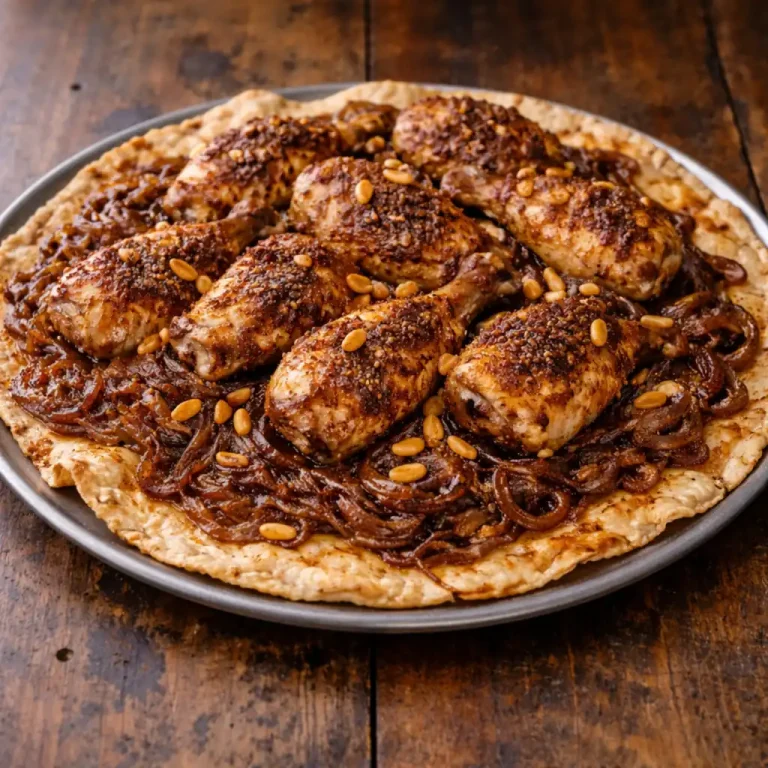 Traditional Palestinian musakhan served on flatbread with roasted chicken, caramelized onions, olive oil, sumac, and pine nuts