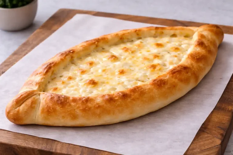 Authentic Turkish cheese pide with melted cheese and sealed edges
